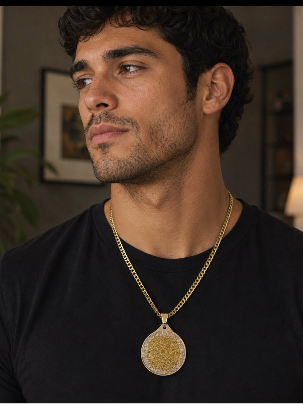 22” Gold Tone Aztec Calendar Pendant Necklace